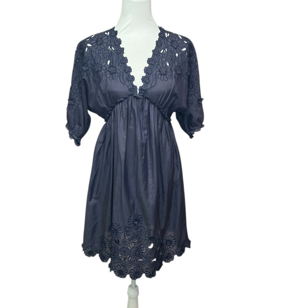 Umpire Waist Navy Blue Eyelet Cutout Design Dress
